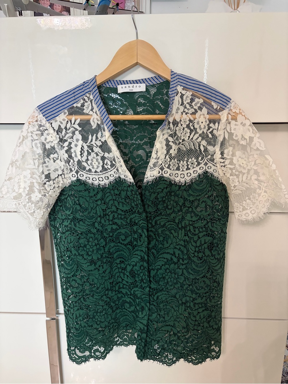 Sandro Green Lace Top with White Lace Sleeves and Blue Stripe Accents